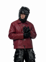 Maroon leather jacket with centered toggle placket and stand collar