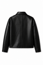 Black structured leather jacket, back view with stand collar and center seam