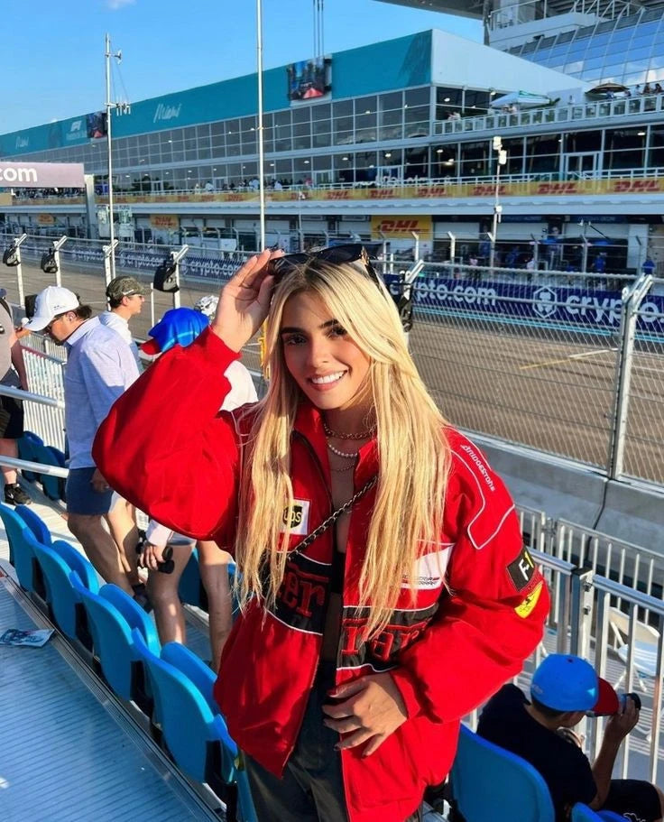 Red Vintage Ferrari Racing Jacket in dtf print for unisex