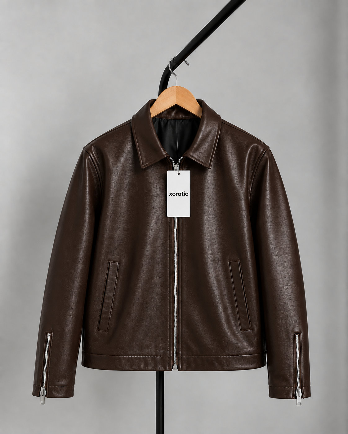 Brown leather slim-fit jacket with full-zip front, stand collar, zip pockets
