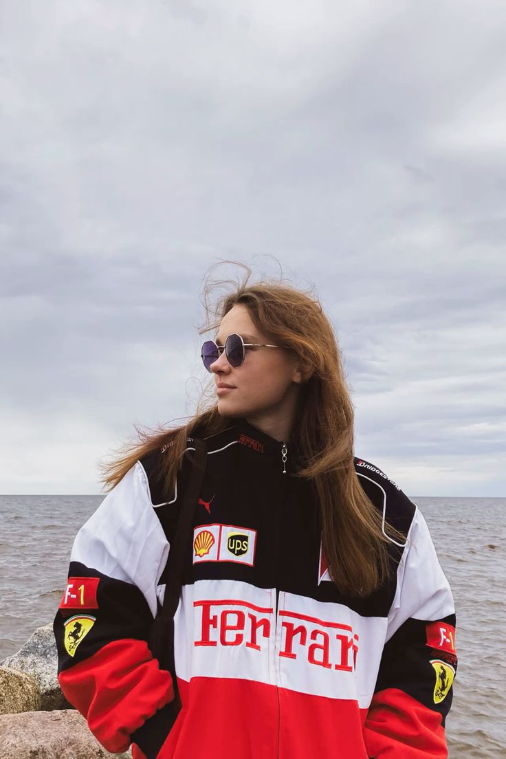 Red x White Ferrari F1 Racing Jacket in dtf print for unisex.