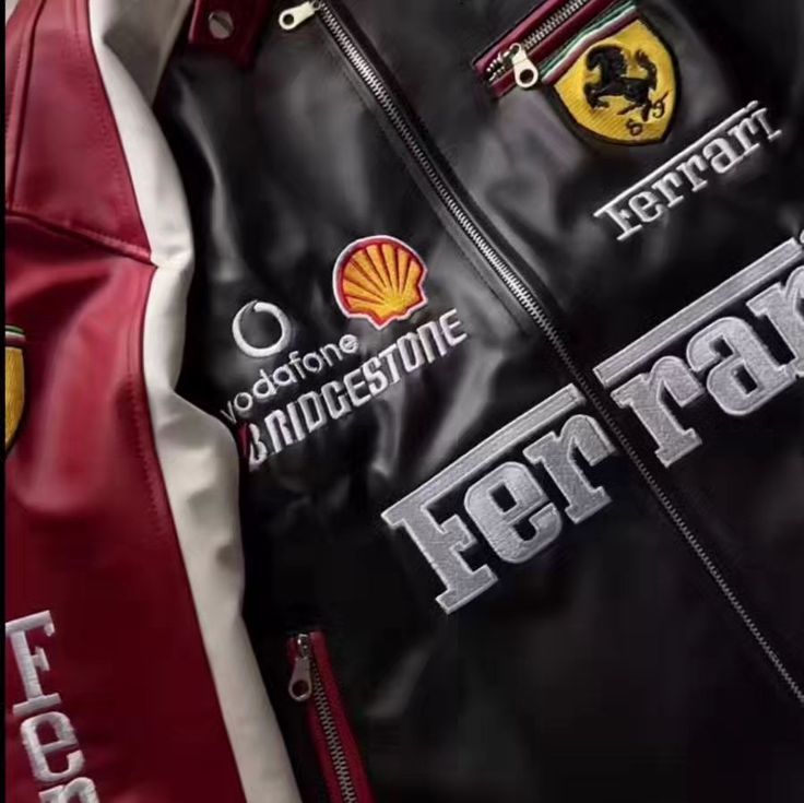 Black & red ferrari jacket in leather embroidered for unisex.