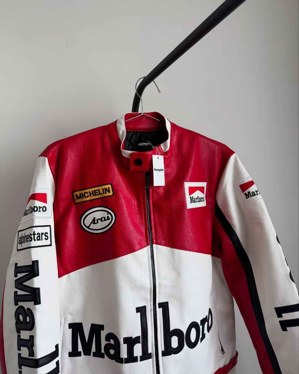 Racing-style leather jacket white and red by Xoratic