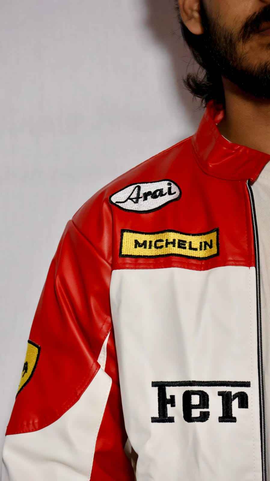 White and red embroidered racing jacket by Xoratic