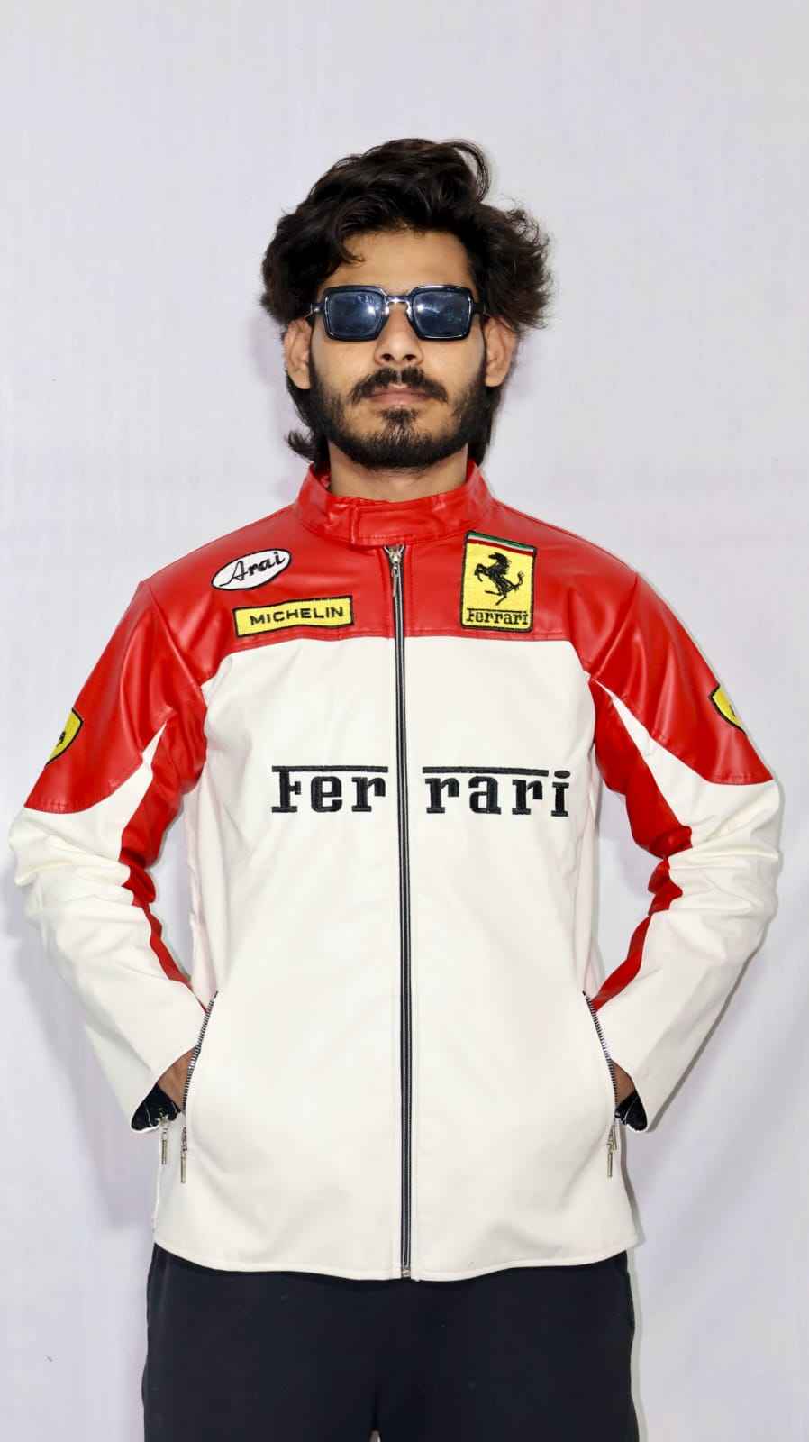 White and red embroidered racing jacket by Xoratic