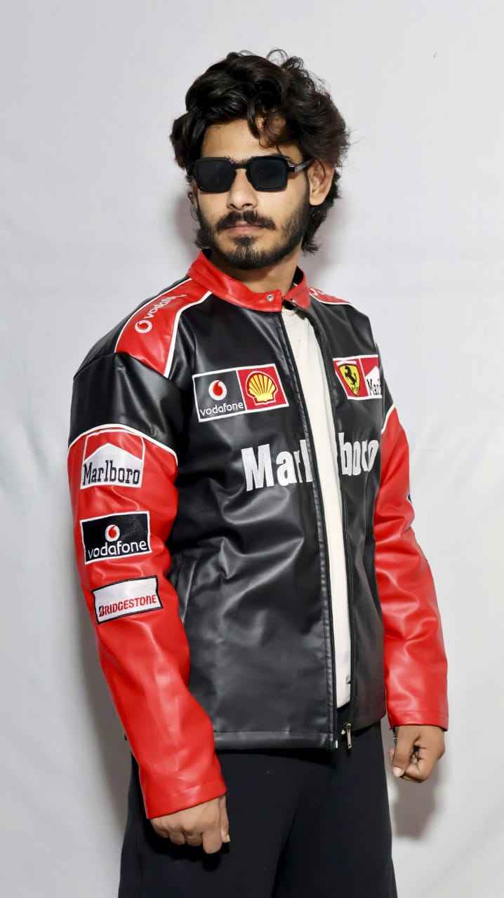Red and white embroidered racing jacket by Xoratic