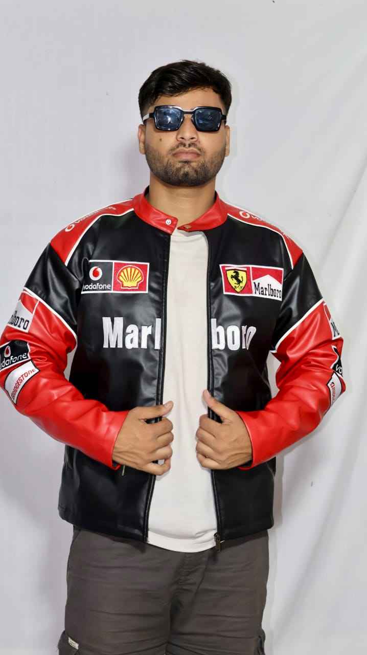 Red and white embroidered racing jacket by Xoratic