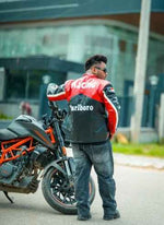 Black and red embroidered racing jacket by Xoratic