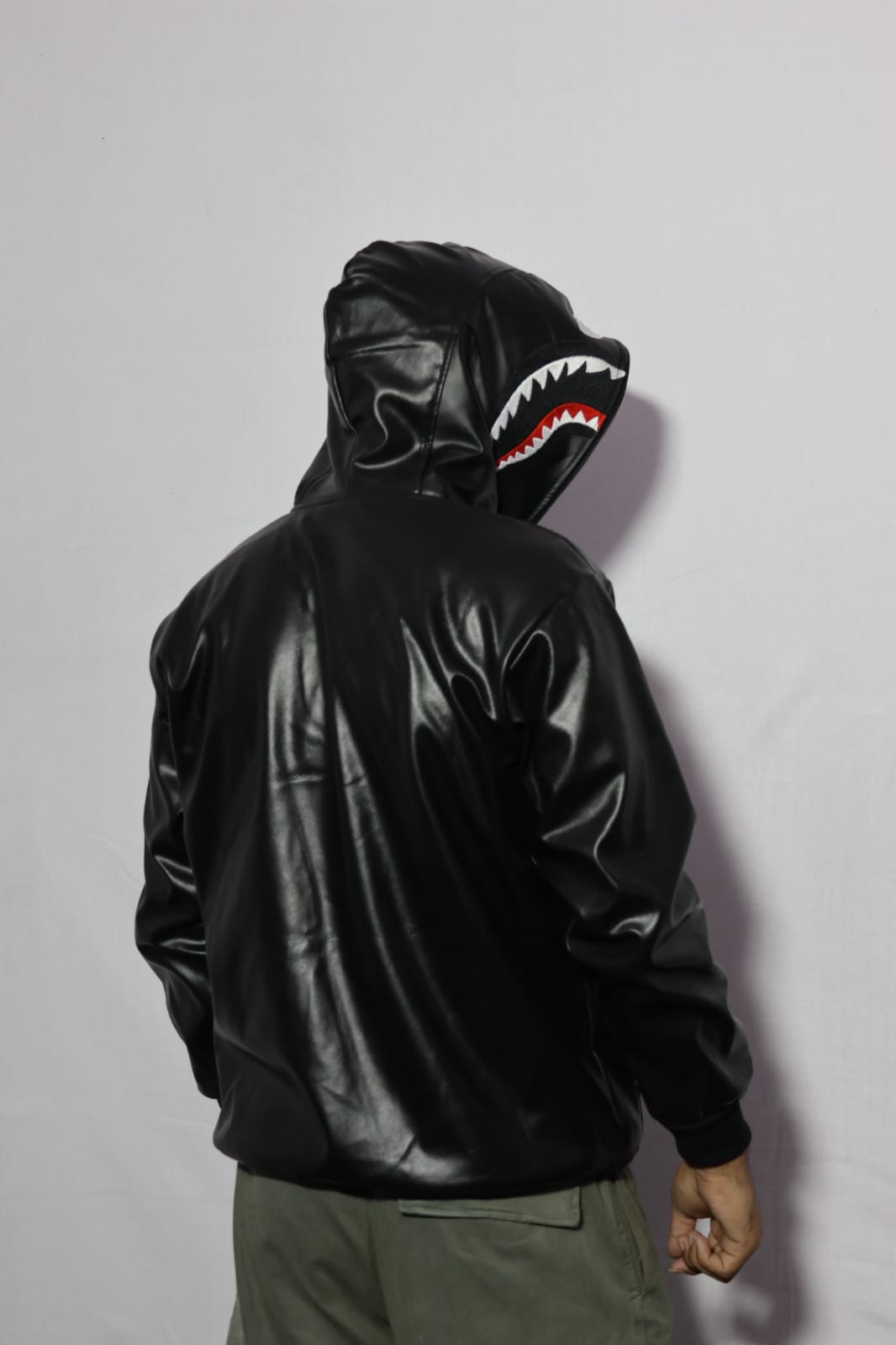 Full-Zip Shark Face Hooded Black Leather-Style Hoodie for unisex.