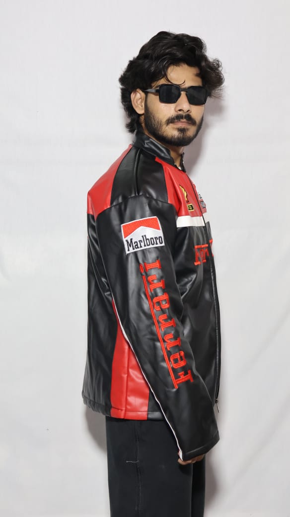 This is Embroidered red & black Ferrari F1 jacket in premium leather for unisex.