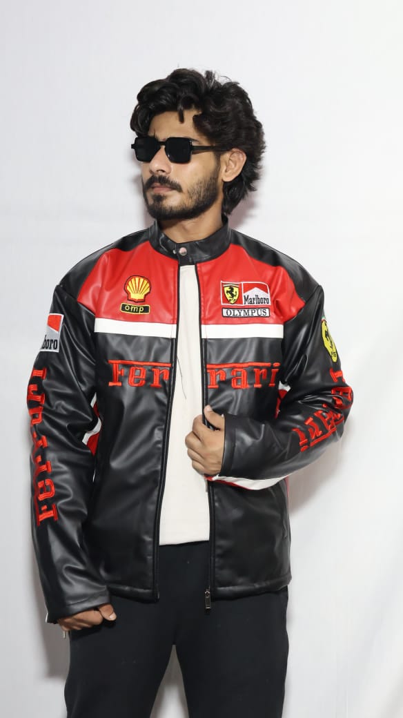This is Embroidered red & black Ferrari F1 jacket in premium leather for unisex.