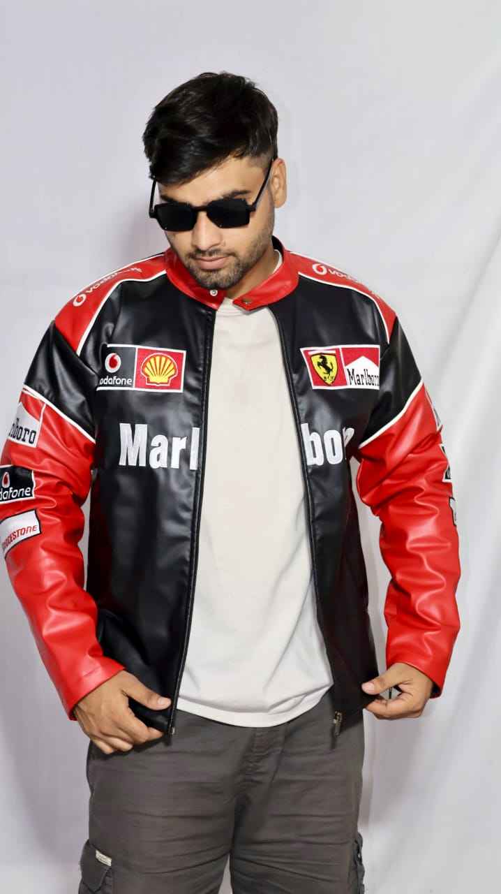 Red and white embroidered racing jacket by Xoratic