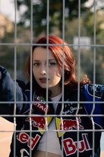 Navy blue embroidered racing jacket by Xoratic