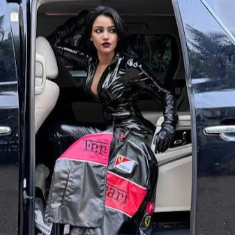 Black Ferrari F1 racing jacket in premium leather for unisex.