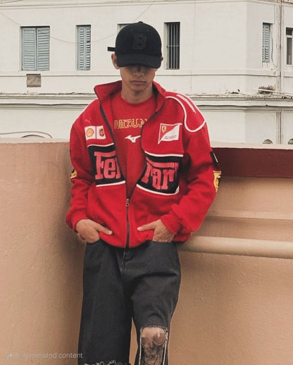F1-inspired Red Vintage Ferrari Jacket, blending speed, style, and premium comfort