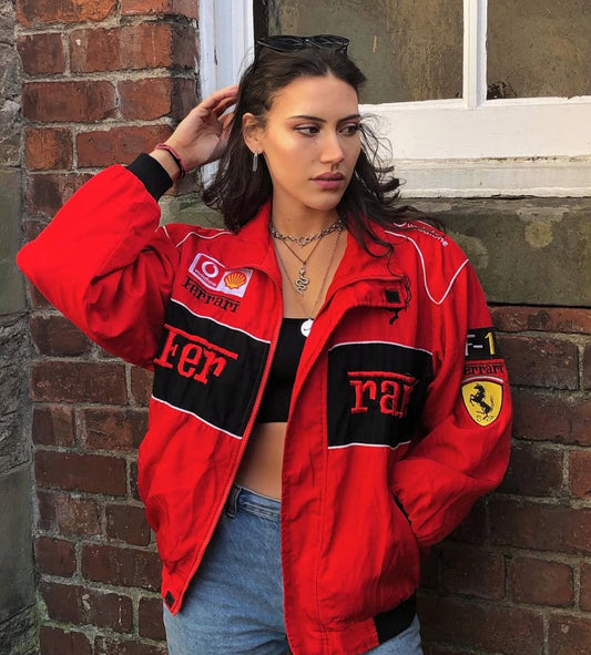 Red Vintage Ferrari Racing Jacket in dtf print for unisex