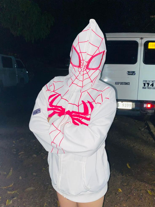 : A Bold Stance in a Spider zip up Hoodie, Ready to Swing into Action Under the Moonlight  New Hero Emerges, Cloaked in the Colors of the Spider-Verse and Ready to Face the Unknown