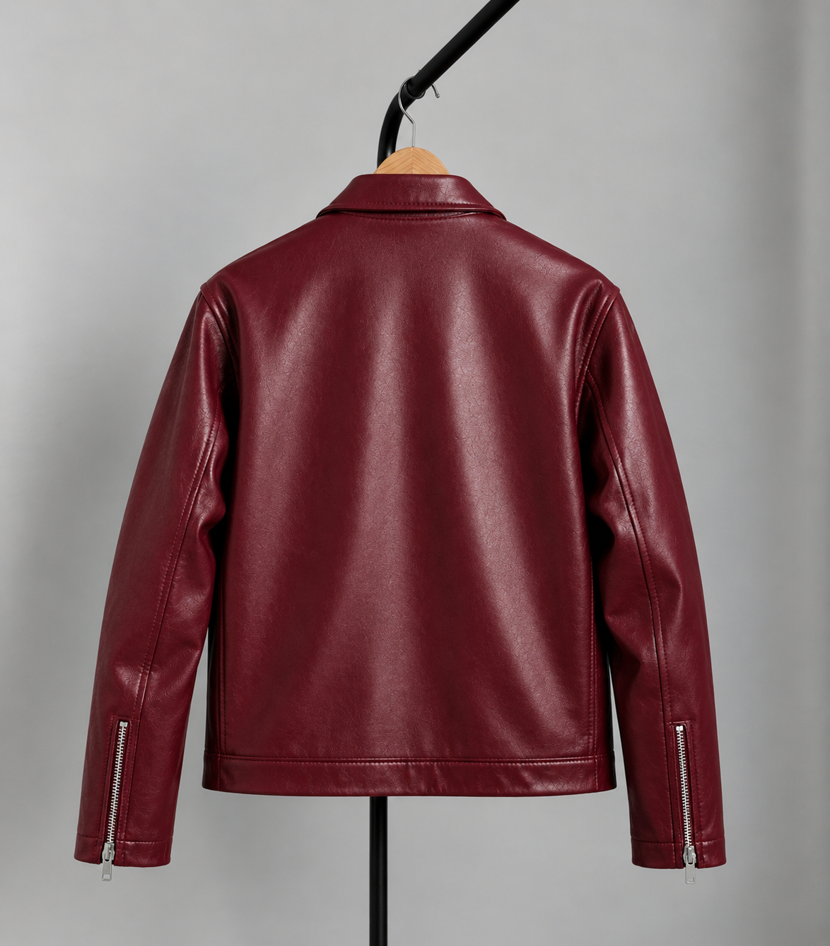 Burgundy leather jacket, back view, stand collar, zip front, zipped cuffs, zip pockets