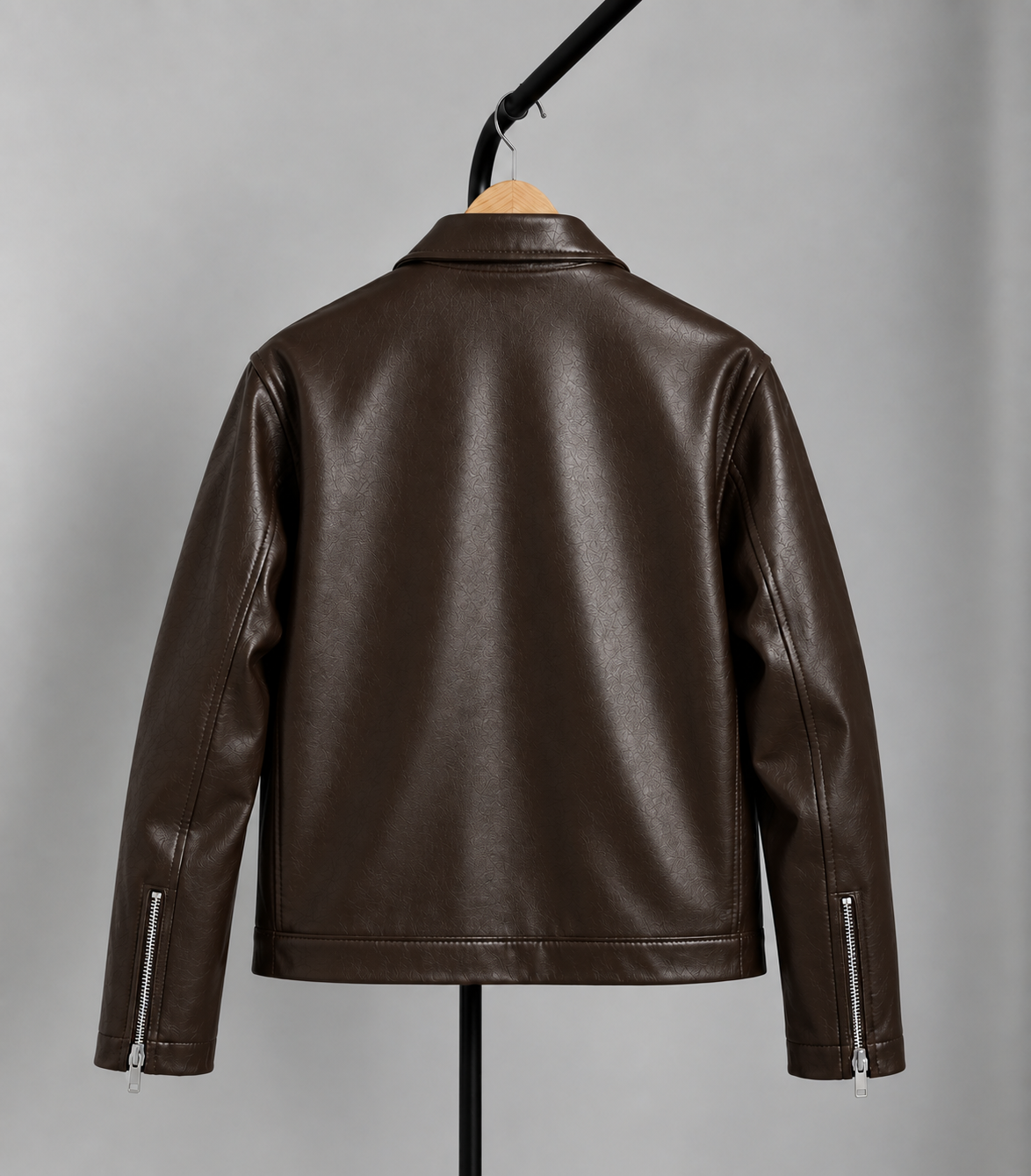 Brown leather slim-fit jacket with stand collar and zip cuffs