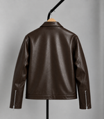 Brown leather slim-fit jacket with stand collar and zip cuffs