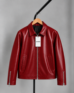 Glossy red leather-style men’s jacket, zip front, stand collar, side pockets