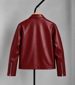 Glossy red leather-style men’s jacket back, zip closure, stand collar, side pockets