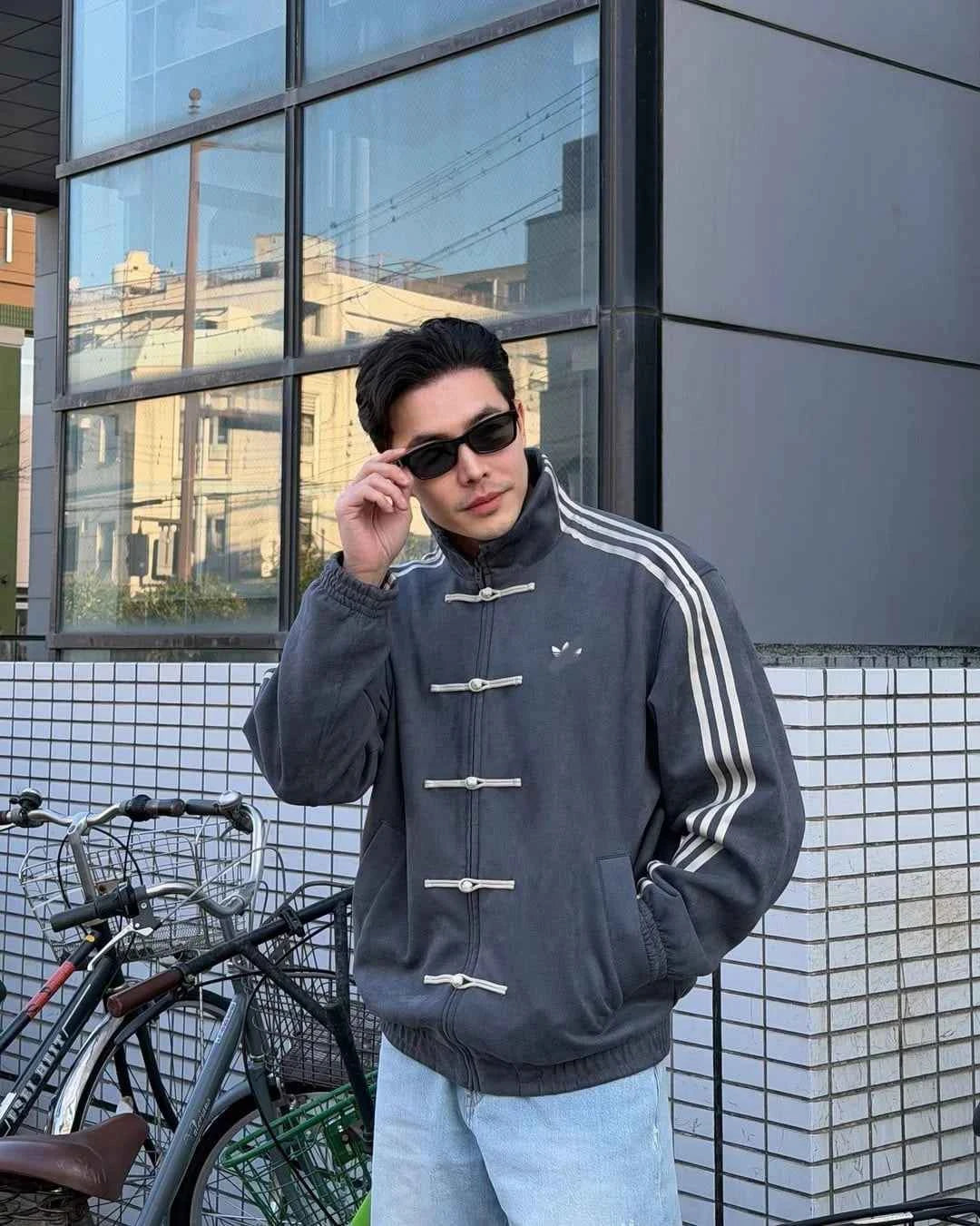 Striped Button CNY Chinese Jacket – Modern Harajuku Fusion Style in Grey .
