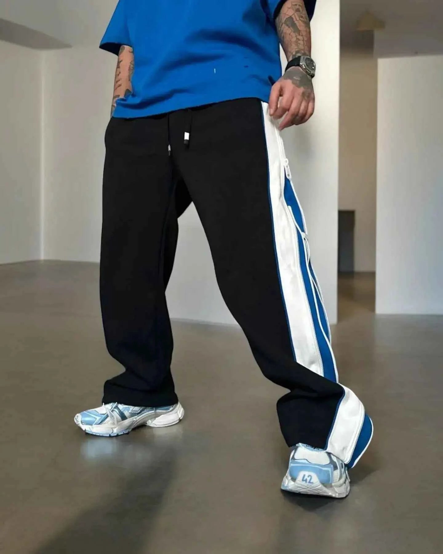 Green & White Panel Wide-Leg Track Pants with Zipper Detail