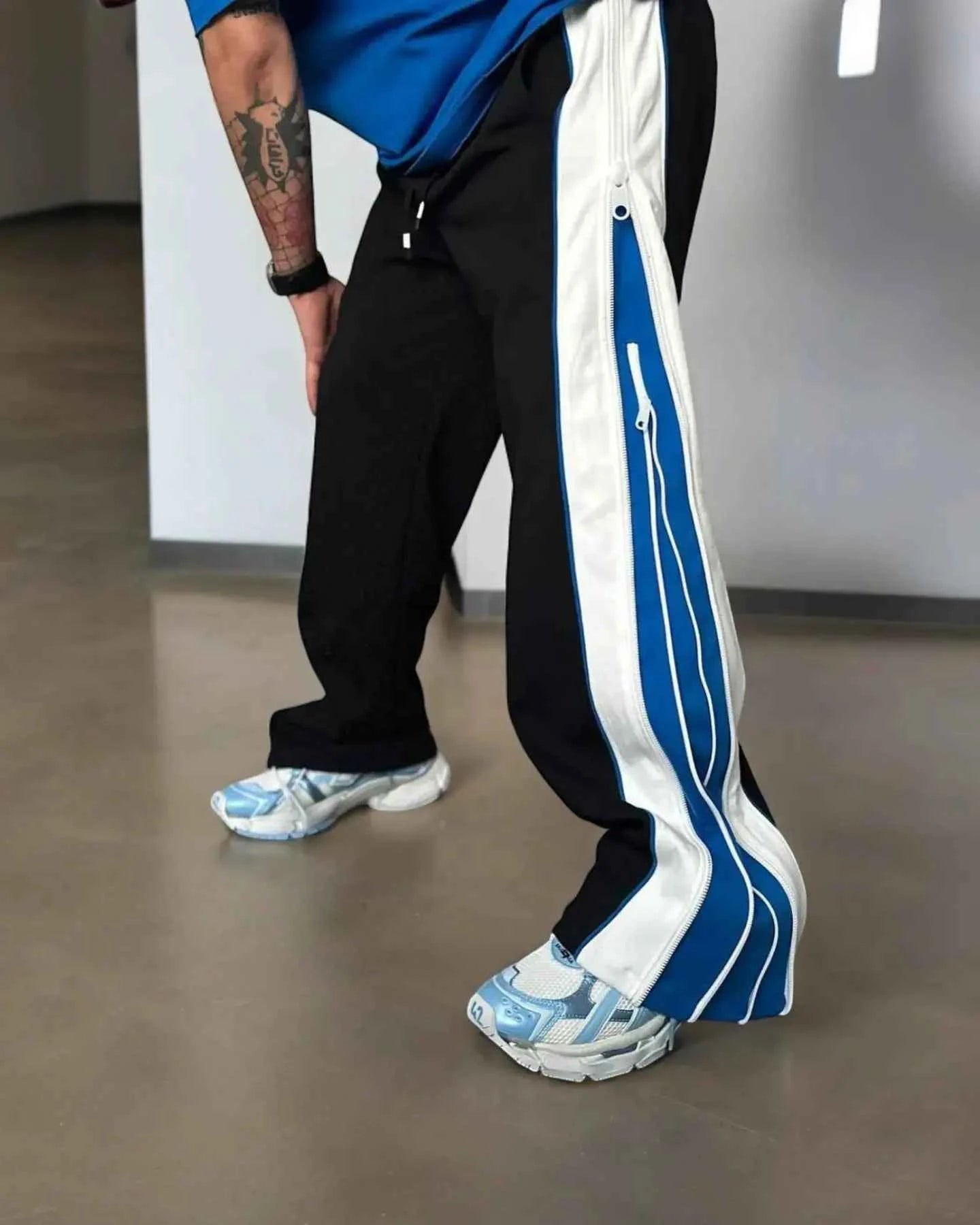 Green & White Panel Wide-Leg Track Pants with Zipper Detail