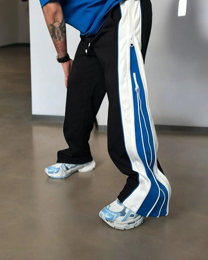 Green & White Panel Wide-Leg Track Pants with Zipper Detail