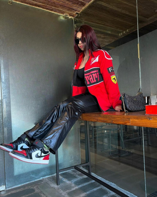 Bold and dynamic Red Ferrari Racing Jacket, a must-have for Formula 1 fans