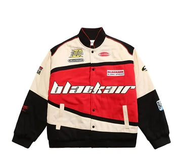 The blackair raching jacket in red in dtf print.