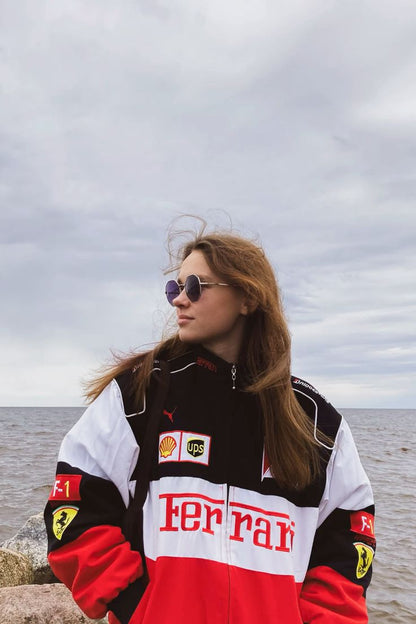 Red x White Ferrari F1 Racing Jacket in dtf print for unisex.