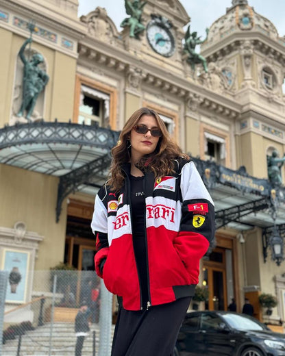 Red x White Ferrari F1 Racing Jacket in dtf print for unisex.