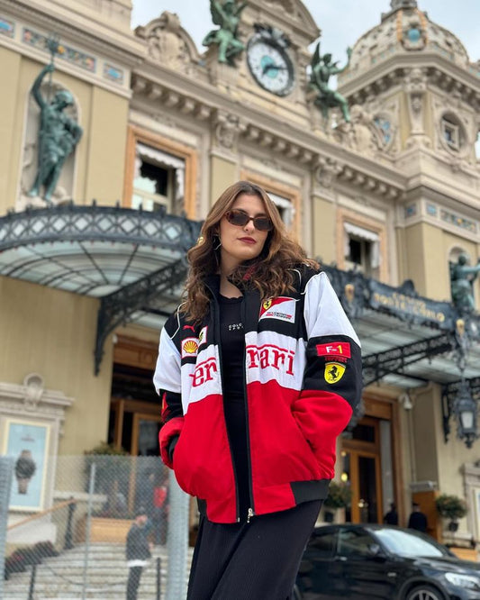 Red x White Ferrari F1 Racing Jacket in dtf print for unisex.