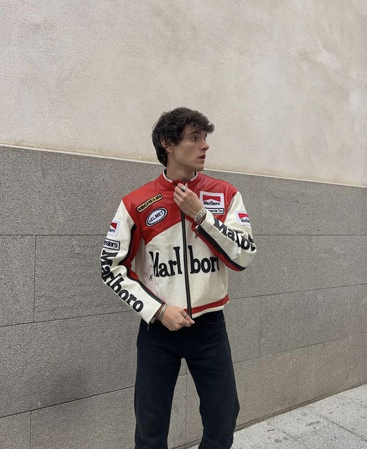 Red& white Marlbolo jacket in leatherr for unisex.