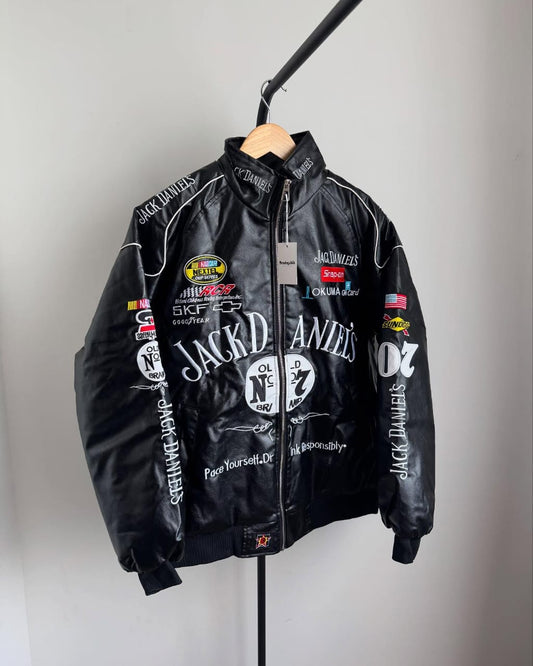 The Embroidered jack deniel jacket in premium leather for unisex.