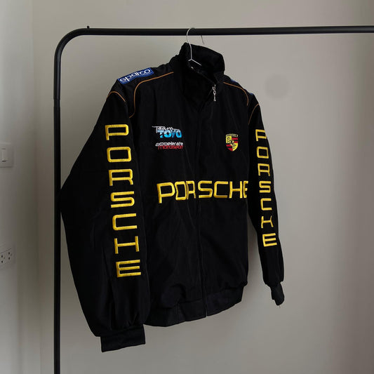This is Embroidered Porsche jacket in black for unisex.
