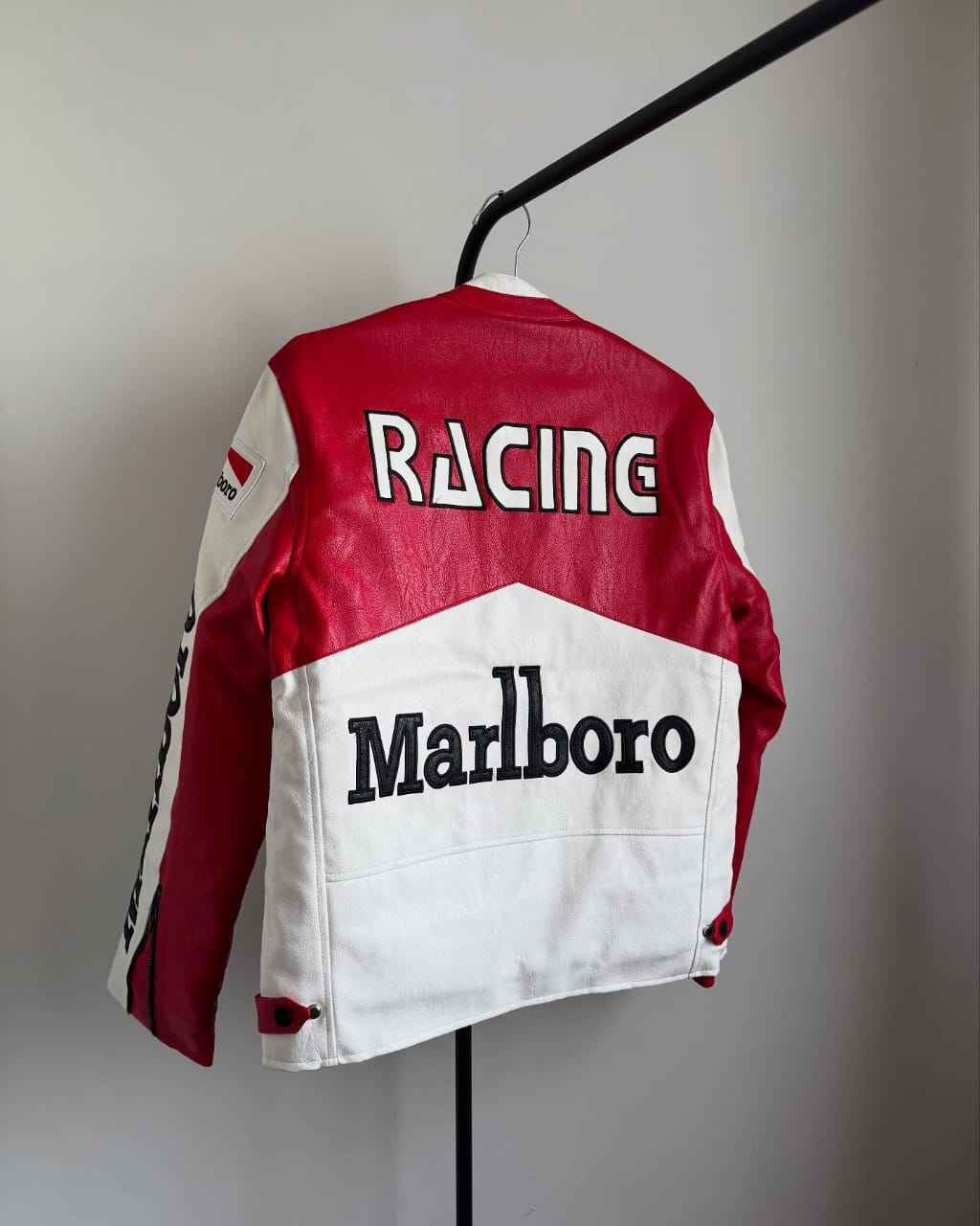Racing-style leather jacket white and red by Xoratic