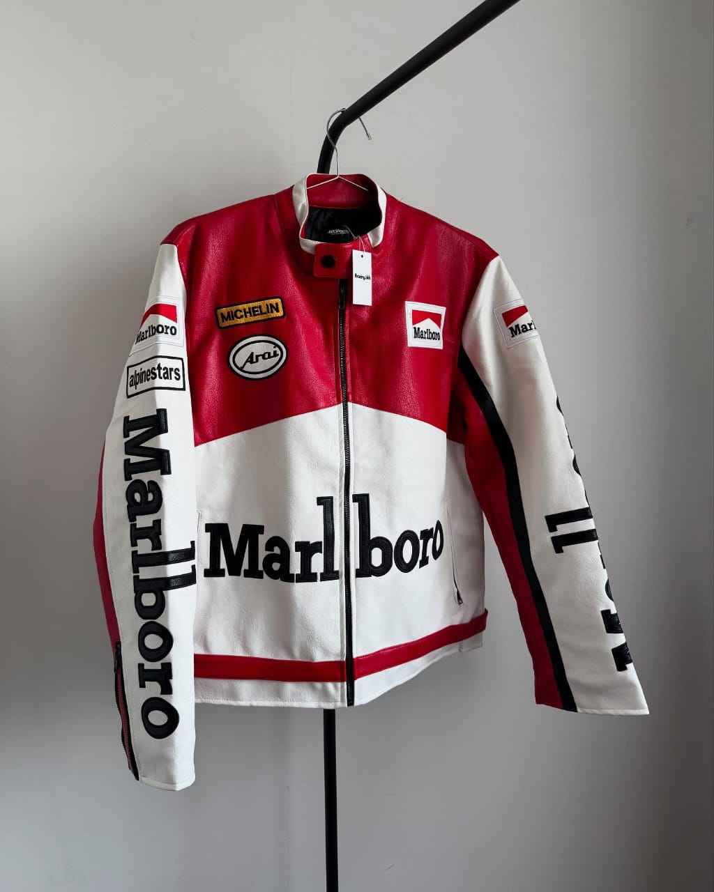Racing-style leather jacket white and red by Xoratic