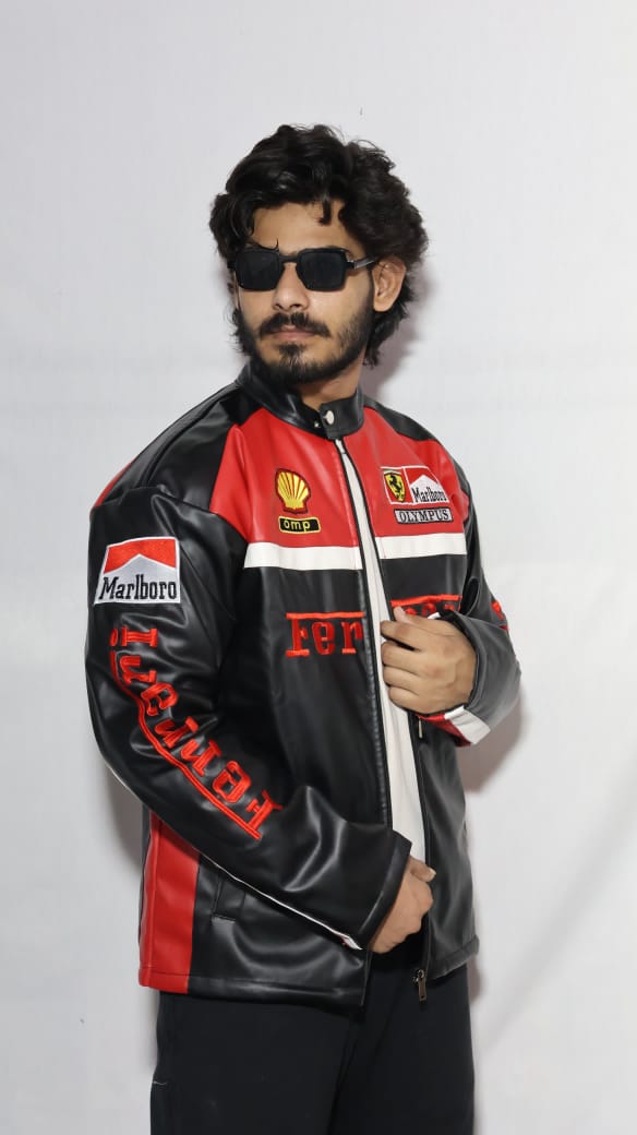 This is Embroidered red & black Ferrari F1 jacket in premium leather for unisex.