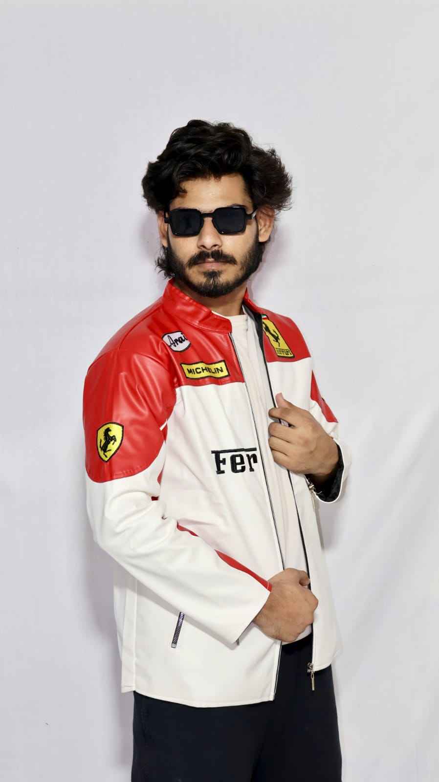 White and red embroidered racing jacket by Xoratic