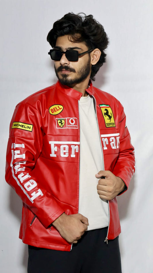 Red ferrari jacket in leather for unisex.