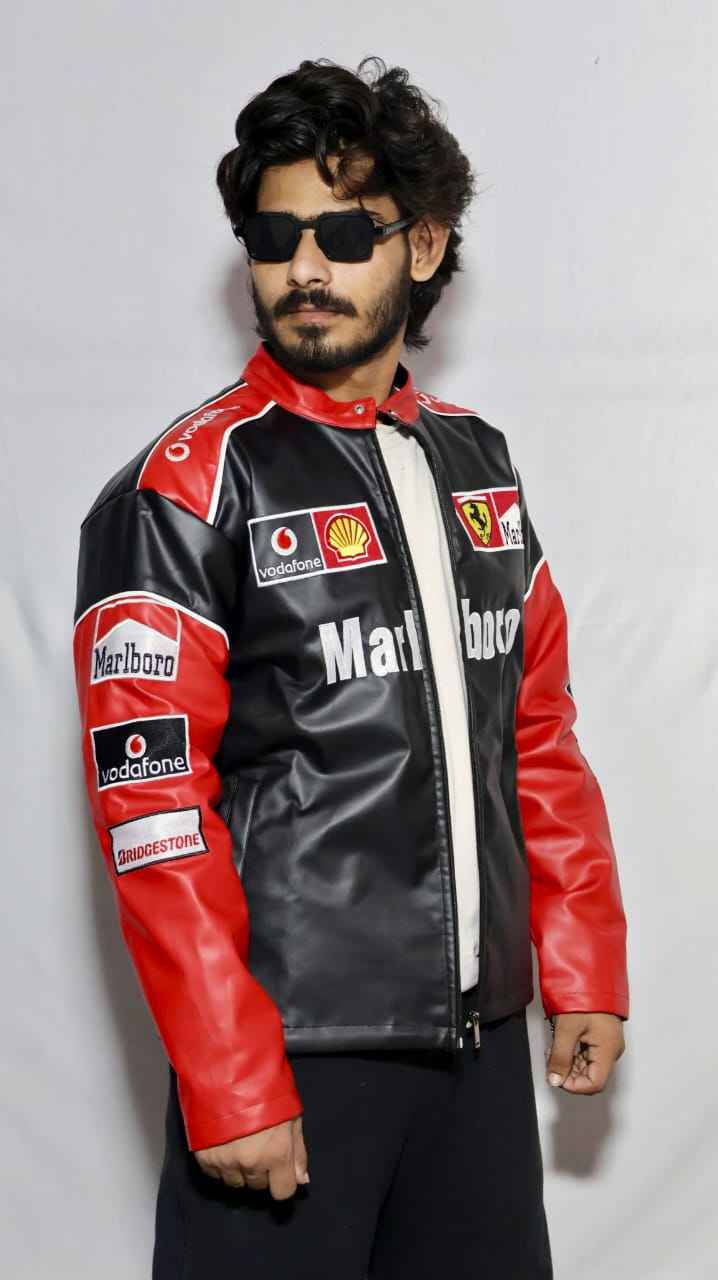 Red and white embroidered racing jacket by Xoratic