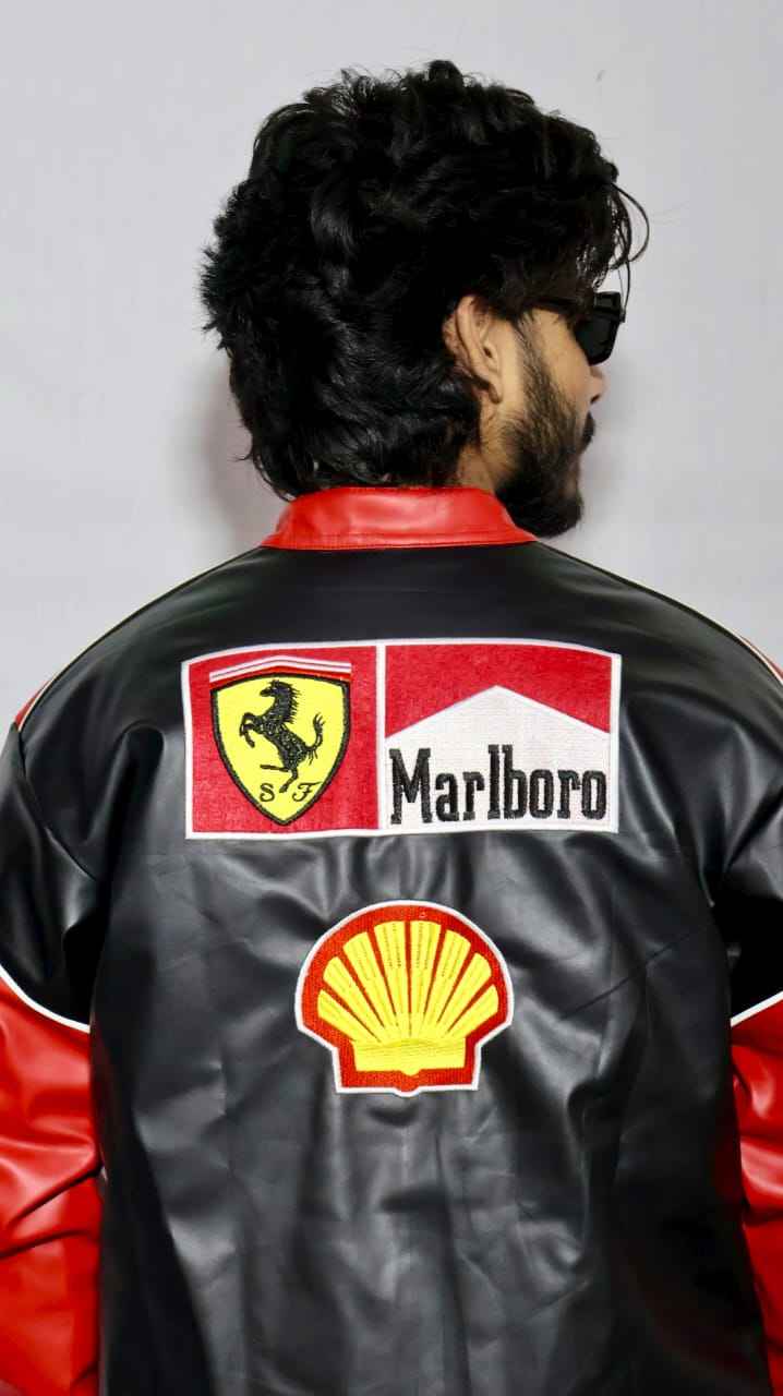 Red and white embroidered racing jacket by Xoratic