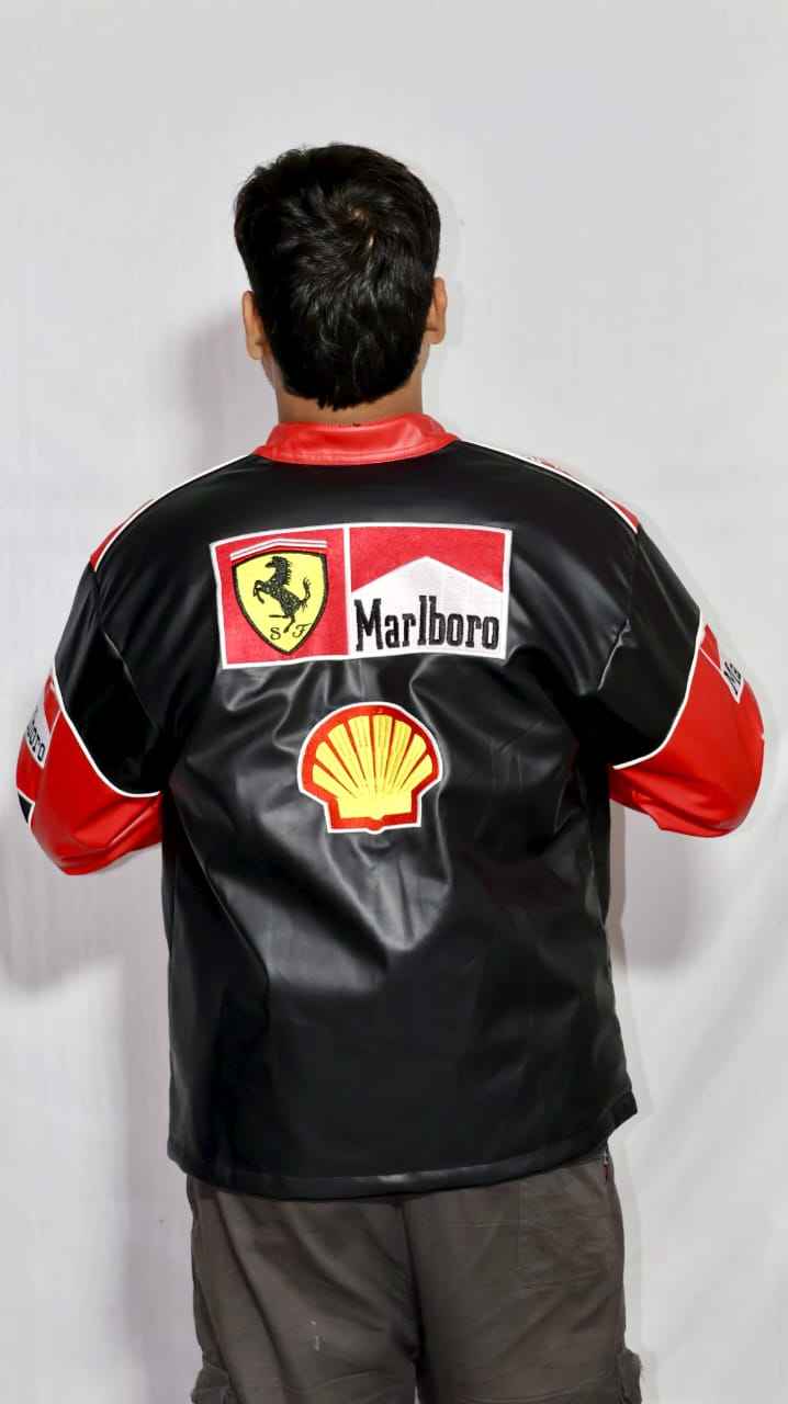 Red and white embroidered racing jacket by Xoratic