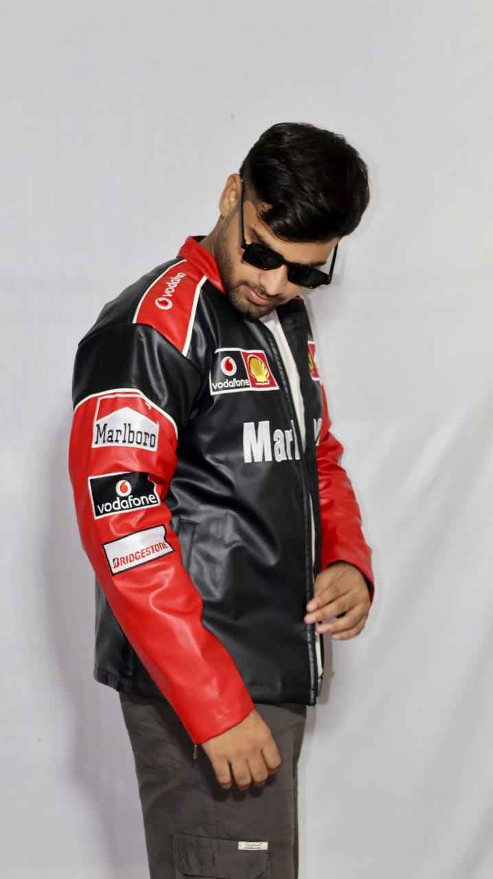 Red and white embroidered racing jacket by Xoratic