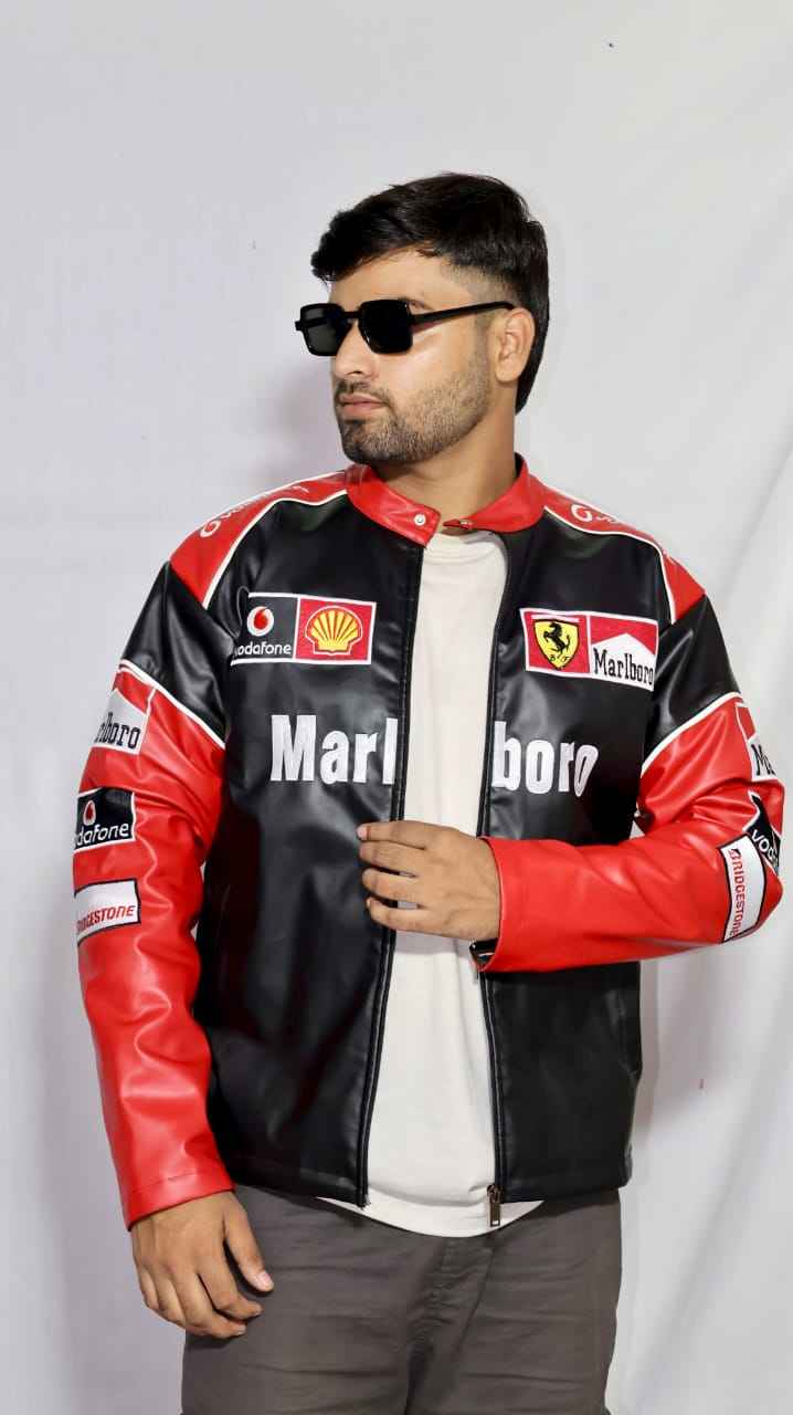 Red and white embroidered racing jacket by Xoratic