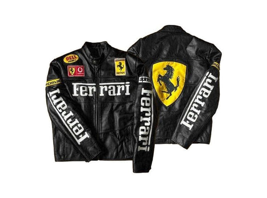 Ferrari racing fully embroidered jacket in black leather.