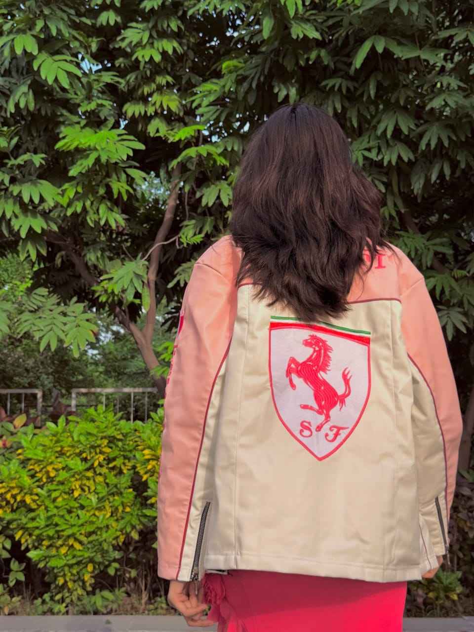 Ferrari racing fully embroidered jacket in pink for girls | Xoratic.